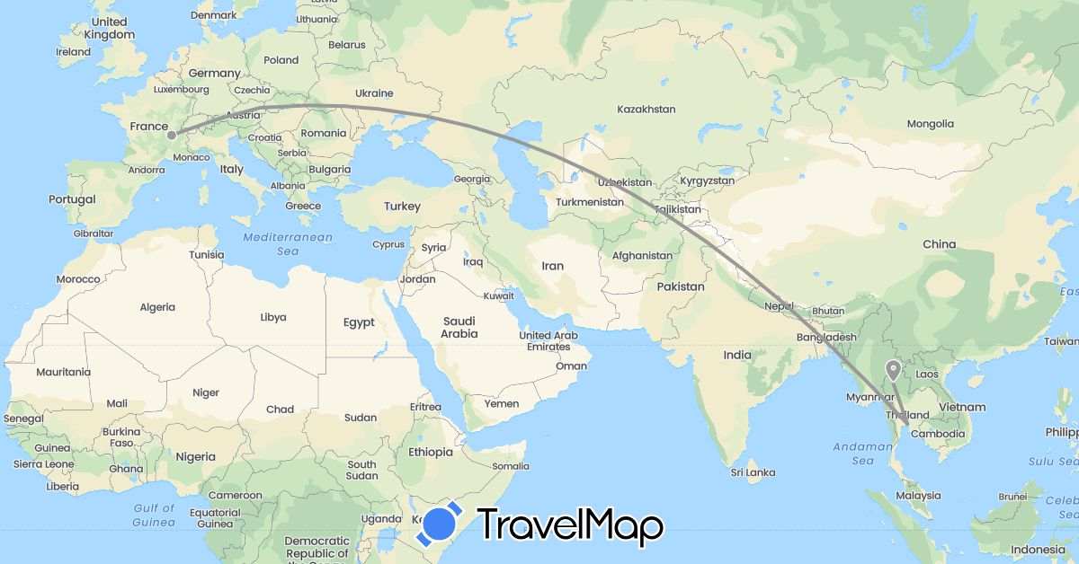 TravelMap itinerary: driving, plane in Austria, France, Thailand (Asia, Europe)